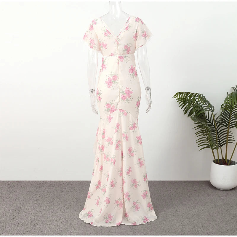 Women Elegant Printed Fishtail Dress Sexy V-neck Short Sleeve Waist-cinching Pleated Slim Maxi Dresses 2026 Lady Vacation Robe