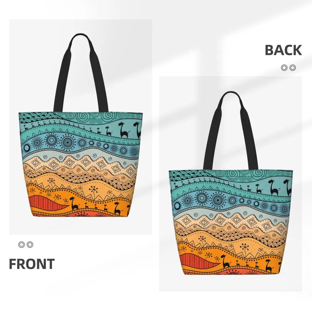 African Ankara Prints Grocery Shopping Tote Bags Women Geometric Ethnic Art Canvas Shoulder Shopper Bags Big Capacity Handbag