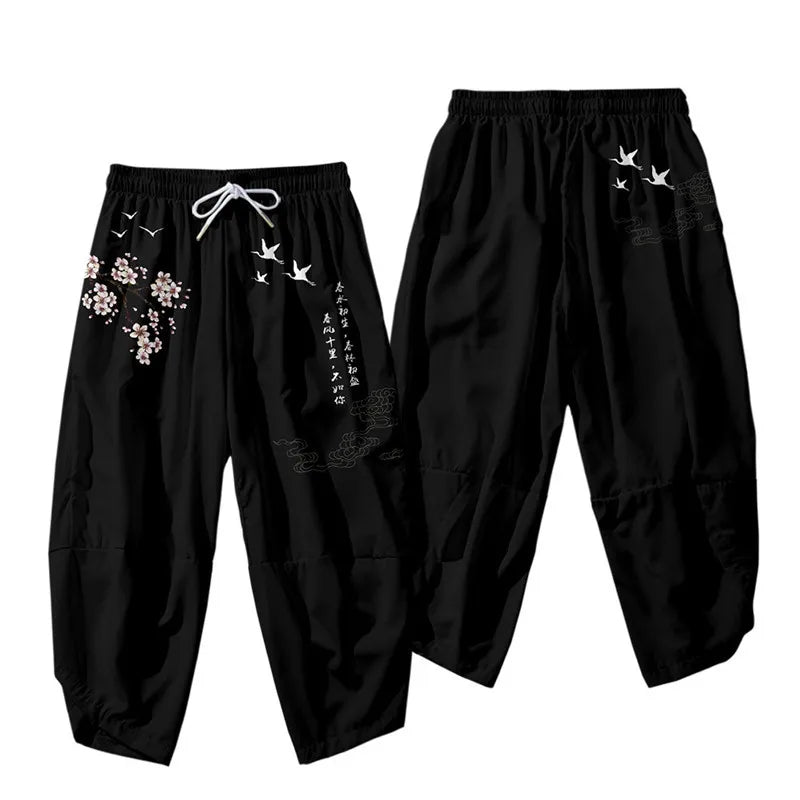 Men Yukata Style Harajuku Cardigan Traditional Japanese Great Wave of Kanagawa Crane Printed Trousers Asian Costume Kimono Pants