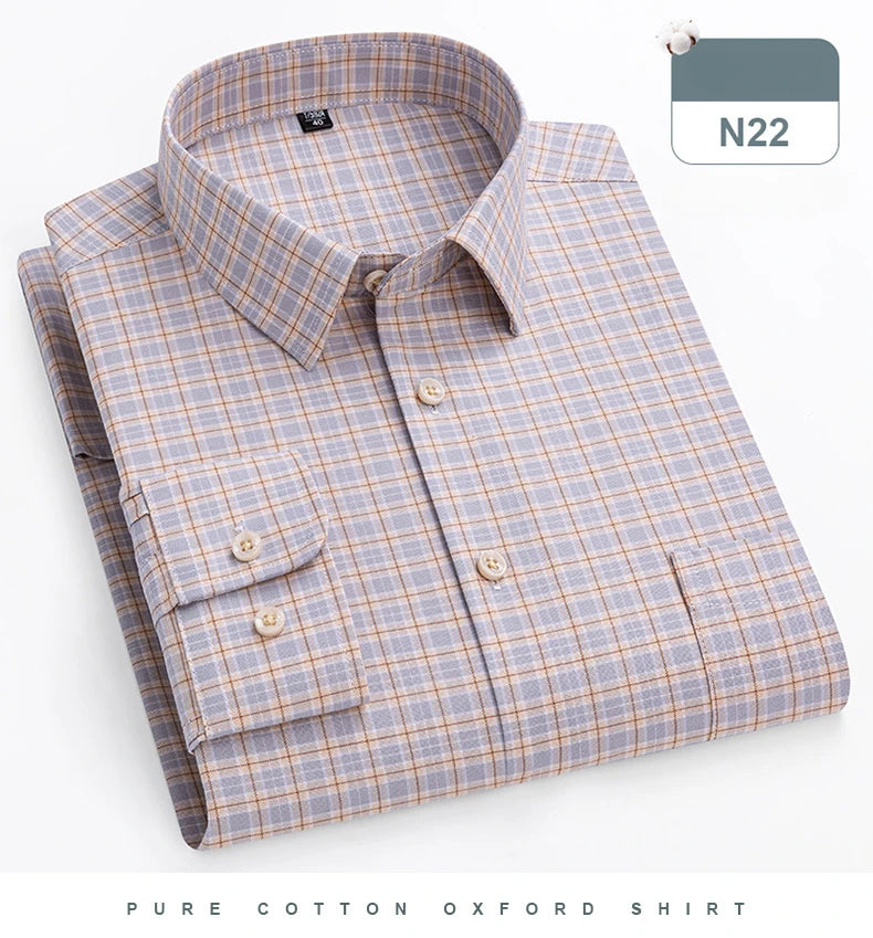 plus size 14xl 100%cotton long-sleeve shirts for men slim fit formal plain shirt soft plaid striped tops office elegants clothes