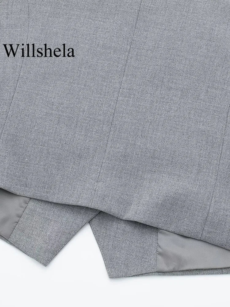 Willshela Women Fashion 2 Piece Set Grey Single Breasted V-Neck Vest & Vintage High Waist Shorts Female Chic Lady Shorts Set
