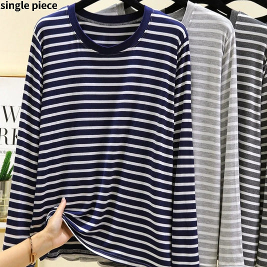 Spring Men Striped T-Shirt Loose and Versatile Sleepwear Round Neck Long Sleeved Top Casual Plus Size Simple Pajamas Homewear