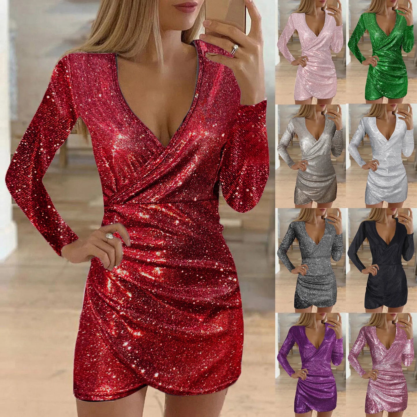 Dresses For Women Sexy Deep V-Neck Sequin Mini Bodycon Dress Long Sleeved Sparkly Prom Gown Elegant Party Evening Dresses