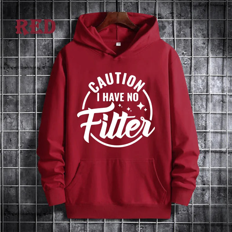 Caution I Have No Filtes Printed Hoodie, Women's Casual Pocket Pullover, Autumn/Winter Fleece Sweatshirt, Comfortable Hoodie
