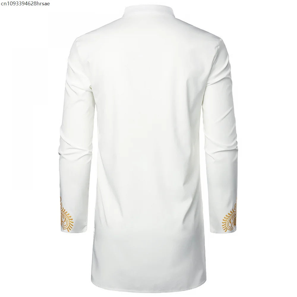 Men's Traditional African Shirt Print Golden Flowers Long Sleeve Shirt Ethnic Casual Outfits Wedding African Streetwear