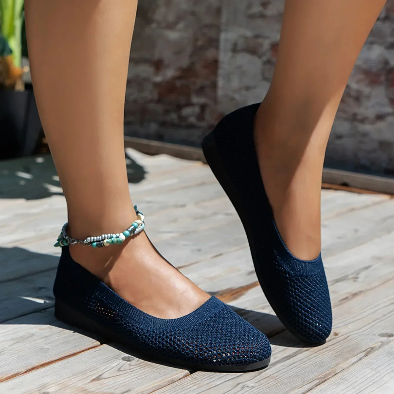 Women Round Toe Flat Shoes Solid Color Knitted Slip on Shoes Casual Breathable Ballet Flats Women Mesh Flat Shoes Loafers Woman