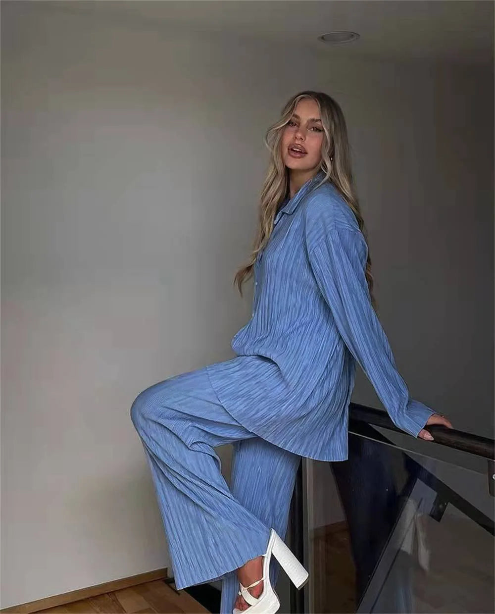 New Two Piece Set Women Outfits Pleated Women's Elegant  Drape Loose Sets Shirt High Waist Trousers Female Suit Fashion Casual