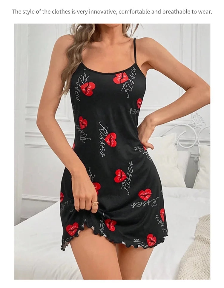 Heart Print Lettuce Trim Slip Nightdress Casual Round Neck Backless Night Dress Women's Sleepwear Home Loungewear Pyjama Femme