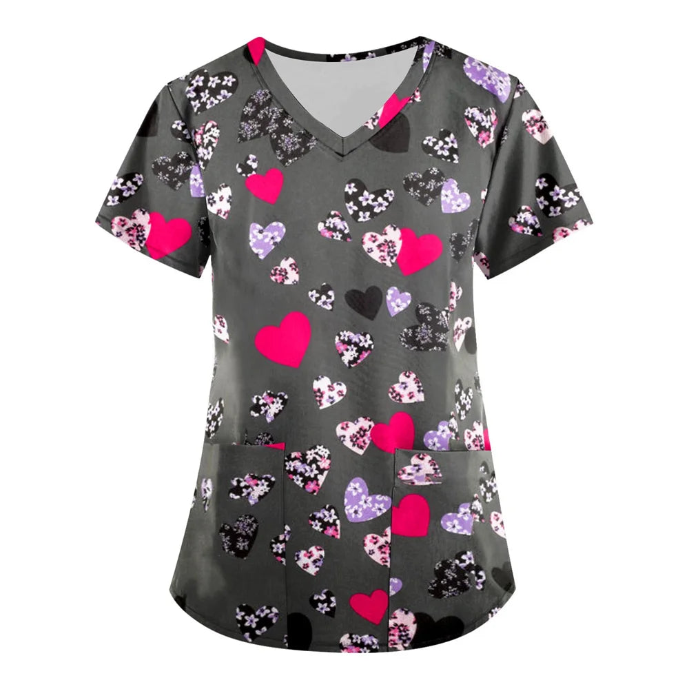 Tops Women Scrub Nurse Print Short Sleeve Cartoon V-Neck Tops Working T-Shirts Heart Print Healthcare Tunic Carers Workwear Tops