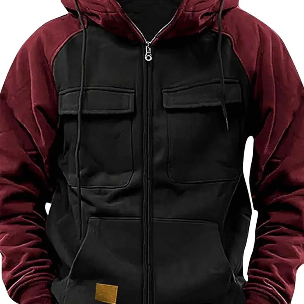 2024 Retro Cargo Hoodies Men's Half Zipper Solid Warm Fleece Sweatshirts Multi Pockets Male Hooded Jackets Thick Outdoor Hooded