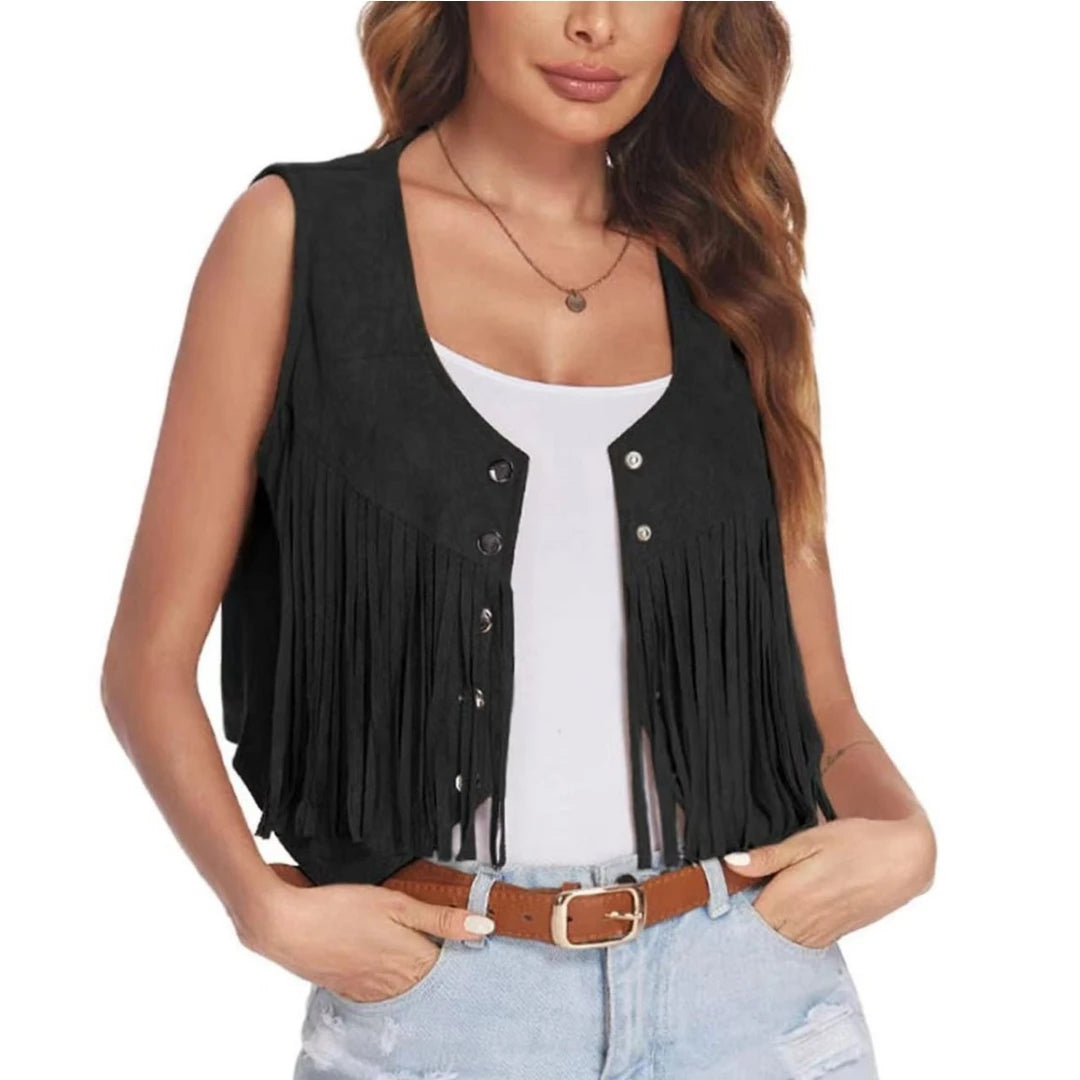 Women Faux Suede Ethnic Sleeveless For Jacket Rivet Fringe Tassels Hippie Open Front Cardigan Vintage Cowgirl Waistcoat Vest
