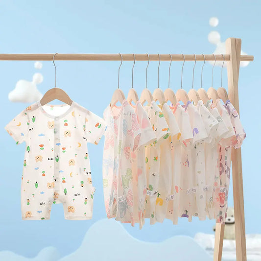 New 0-2Y Summer Baby Clothes Cute Cartoon Print Pure Cotton Toddler Jumpsuit with Crotch Snap Infant Romper
