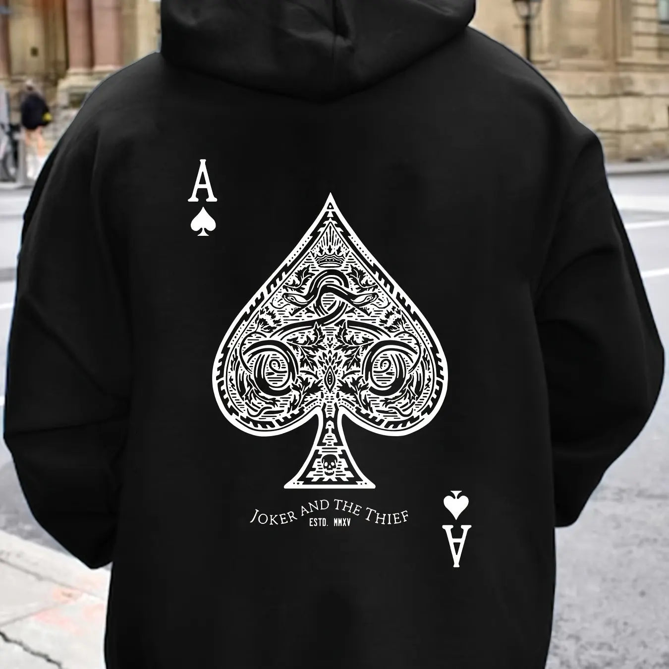 Men's autumn and winter casual fashion loose back poker card A graphic printed long sleeved hooded sweatshirt warm pullover BAZAARHUBO