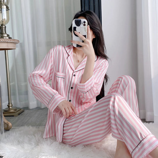Silky Satin Pajama For Women Striped 2PCS Sleep Set Homewear 2025 Spring New Long Sleeve Trouser Suits Loungewear Nightwear