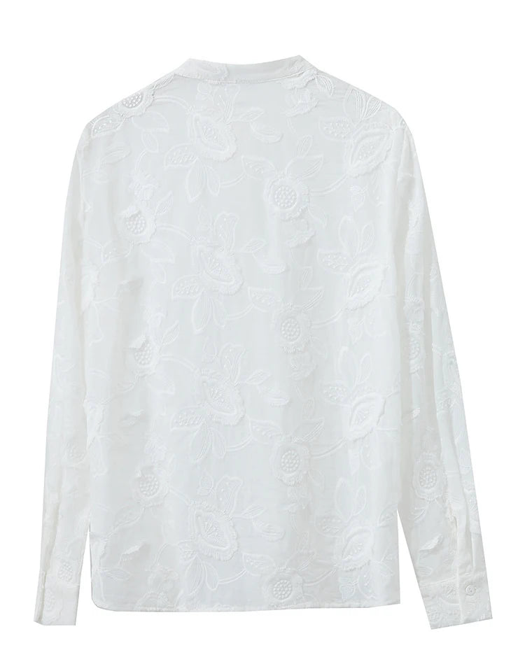 AMII 2025 Autumn New Elegant Embroidery Women's Shirt Stand Collar Wide Shoulder Office Lady Loose Blouses Women Tops 12543066
