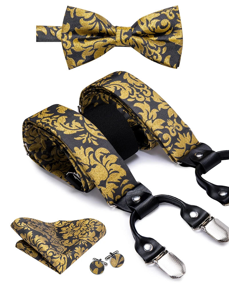 Hi-Tie Silk Adult Men's suspenders Set Leather Metal 6 Clips Braces Gold Brown Floral Vintage Men Fashion Wedding Suspenders Men BAZAARHUBO