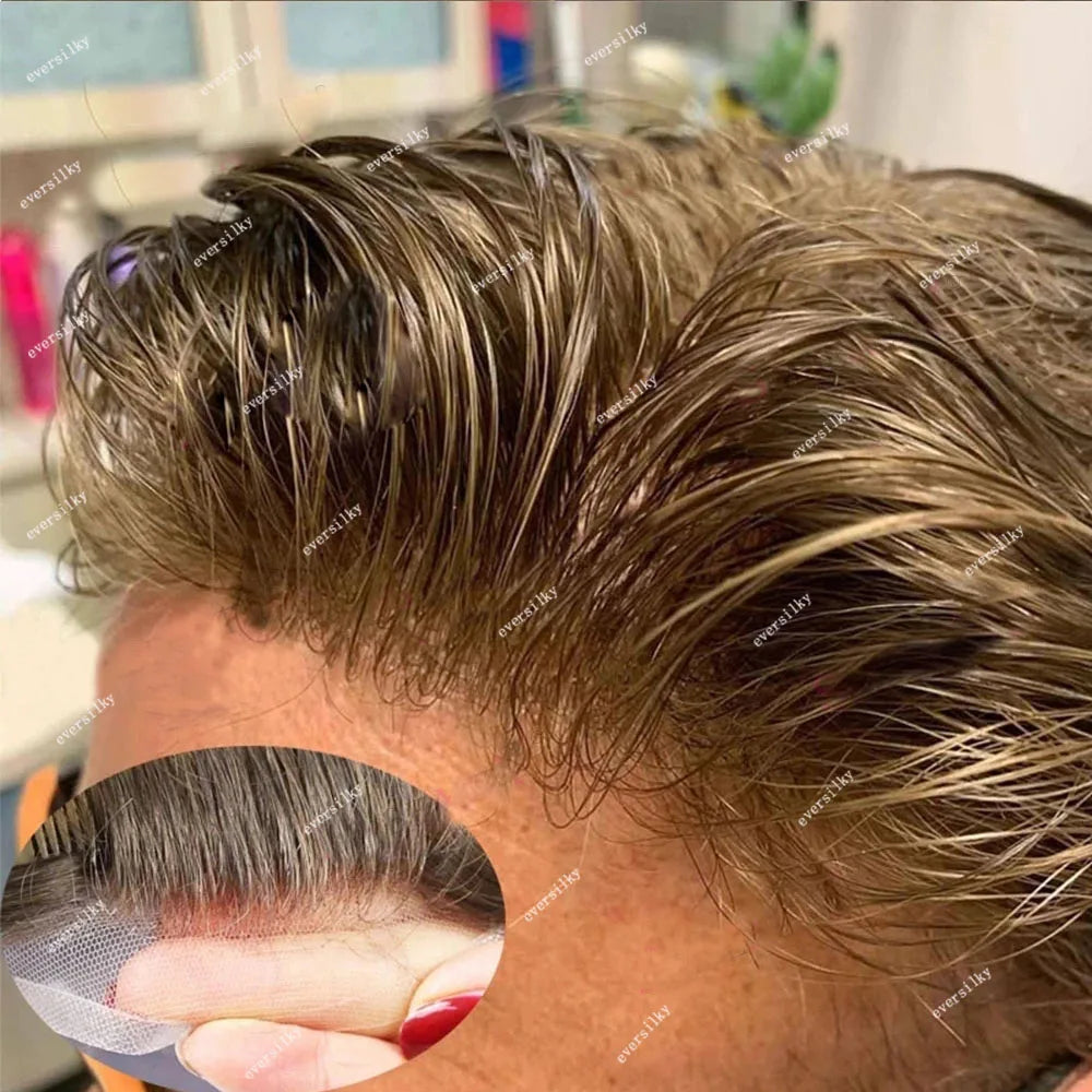 Durable Q6 Blonde Brown Bleached Knots Breathable Lace Grey Black 1B40 1B65 1B80 Men's Wig Human Hair Toupee Prosthesis For Men