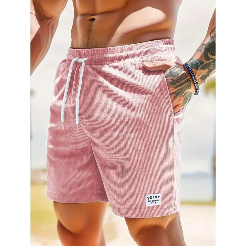 Men's Workwear Shorts Summer Casual Corduroy Loose Elastic Waist Multi-Pocket Leisure Pants Embroidery Retro Style Male Trousers