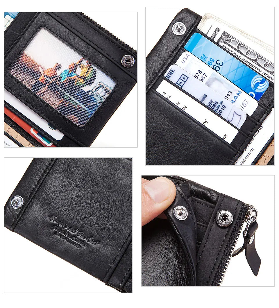 LAREET RFID Senior Short Wallet For Men Genuine Leather Wallets With Card Holder Bifold Zip Coin Pocket Small Billetera Hombre