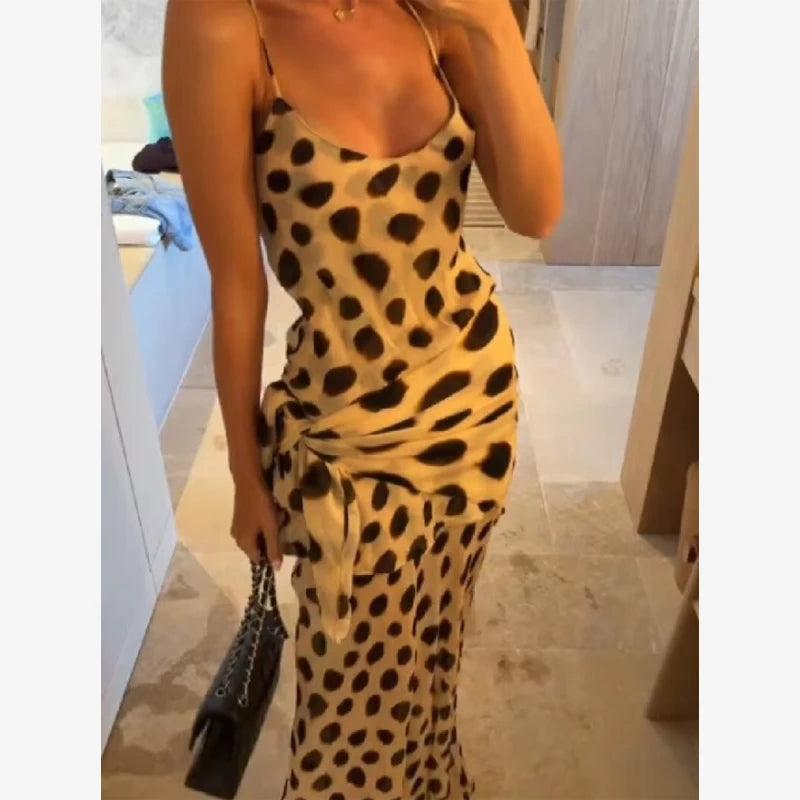 Women Two Tone Dot Print Long Sleeve Split Midi Dress Y2K Deep V Drawstring Slim Mermaid Skirt 2026 Street Club Party Outfit