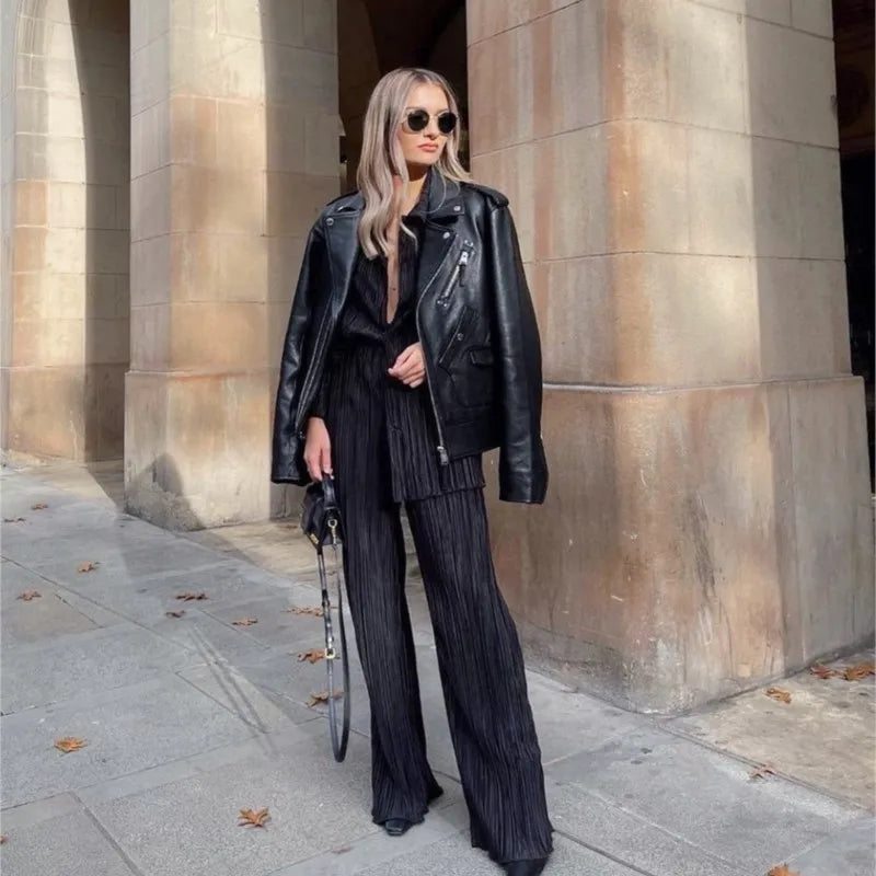 New Two Piece Set Women Outfits Pleated Women's Elegant  Drape Loose Sets Shirt High Waist Trousers Female Suit Fashion Casual