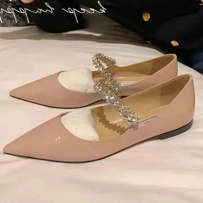 Spring 2025 New French Rhinestone Pointed White High Heels Temperament Patent Leather Shoes Women Wedding Pumps