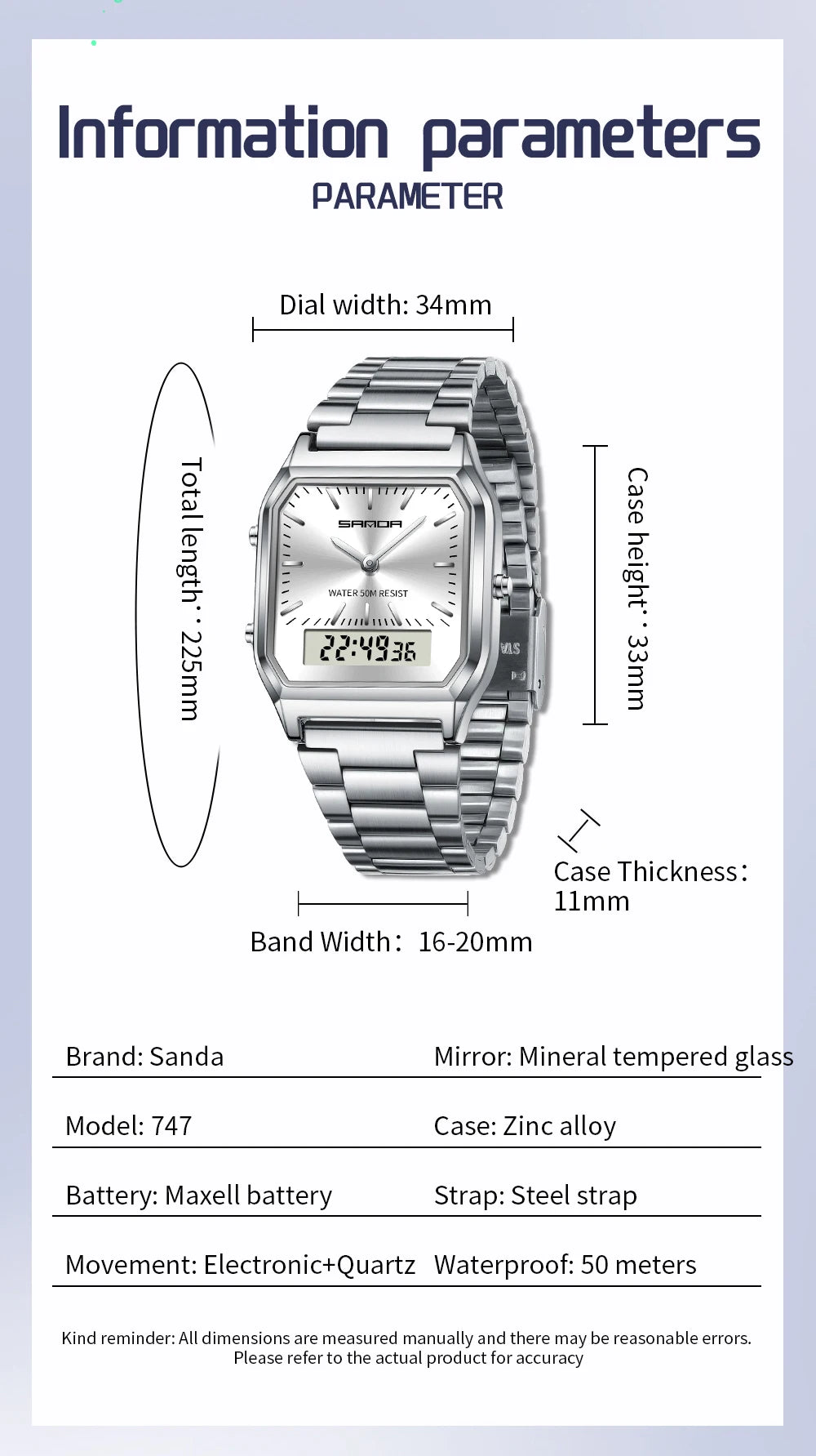 SANDA Men's and Women Watch Fashion Watches Business Style Alarm Clock Man Digital Wristwatch Square Dial Stainless Steel Strap