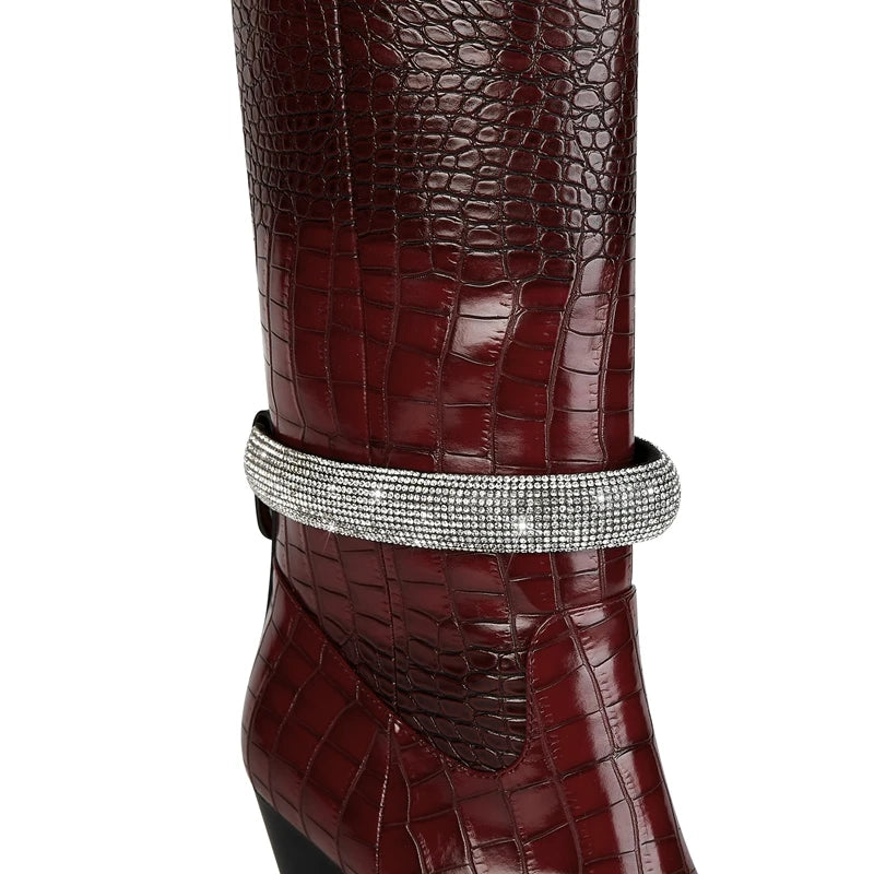 Kaky's New Water Diamond Pointed Thick High Heels Oversized Women's Boots Long Boots High Barrel Boots Western Boots 44 45 46