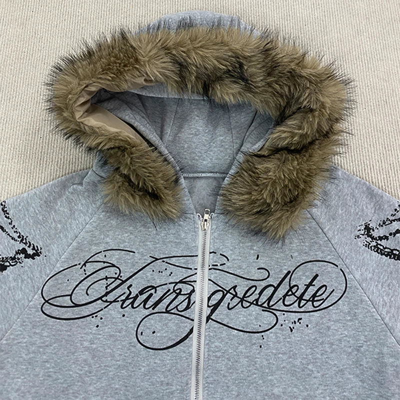 European And American High Street Printed Zipper Hoodie Loose Fit Sweatshirt