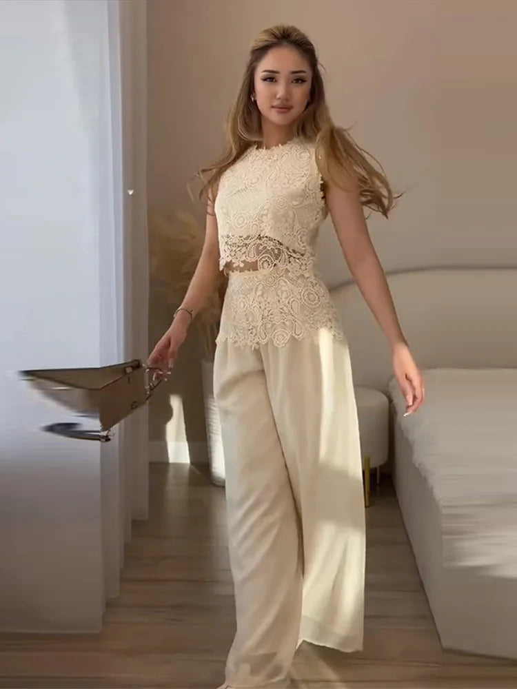 Casual Lace Tops Pants Sets Women O Neck Sleeveless High Waist Wide Legs Outfits Female 2026 Summer Beach Vacation Solid Suits