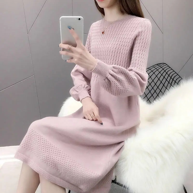 Solid O Neck Long Sleeve Sweaters Jersey Dress Elegant Fashion Harajuku Slim Fit Female Clothes Casual Sweat All Match Dresses