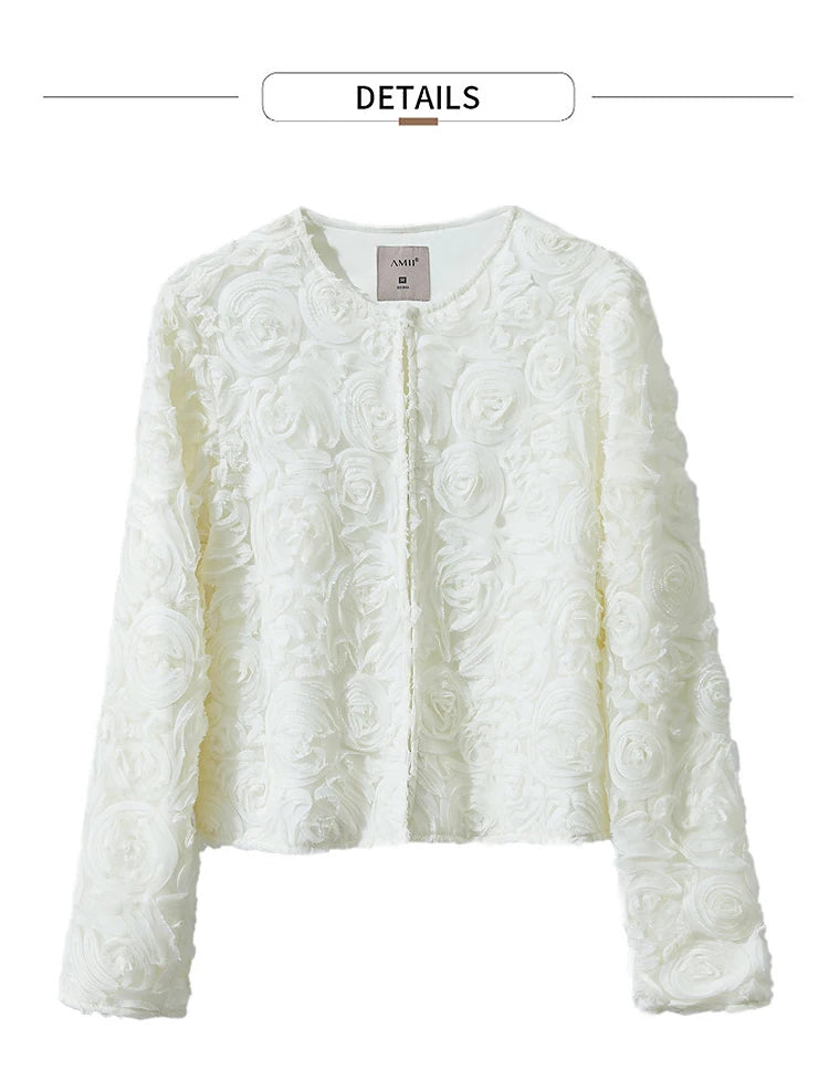 AMII Minimalism Short Jacket Women 2025 Autumn Elegant Floral O Neck Coat