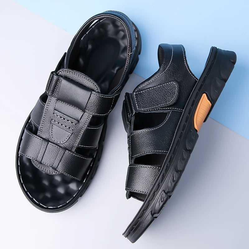 Men's Sandals Adjustable Solid Color Shoes Summer Casual Comfort with Durable Rubber Sole, Breathable PU for Outdoor Walking