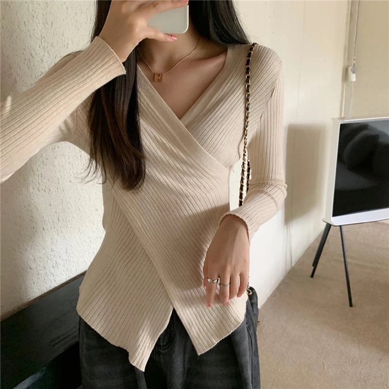 Ribbed Knit Surplice Sweater for Women Pullovers Long Sleeve Plain Jumper Teen-girl Fall Winter Balletcore Chic Outfit