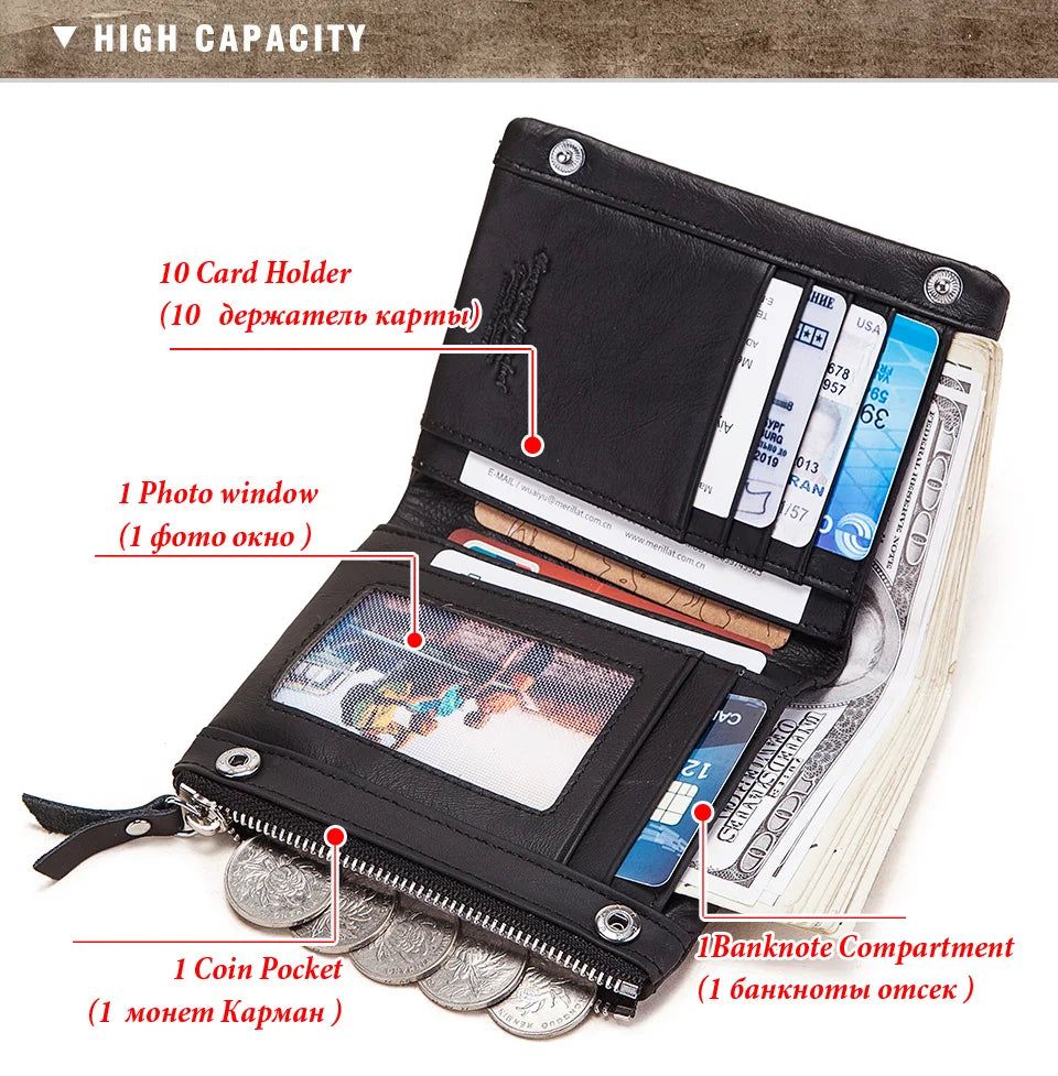 LAREET RFID Senior Short Wallet For Men Genuine Leather Wallets With Card Holder Bifold Zip Coin Pocket Small Billetera Hombre