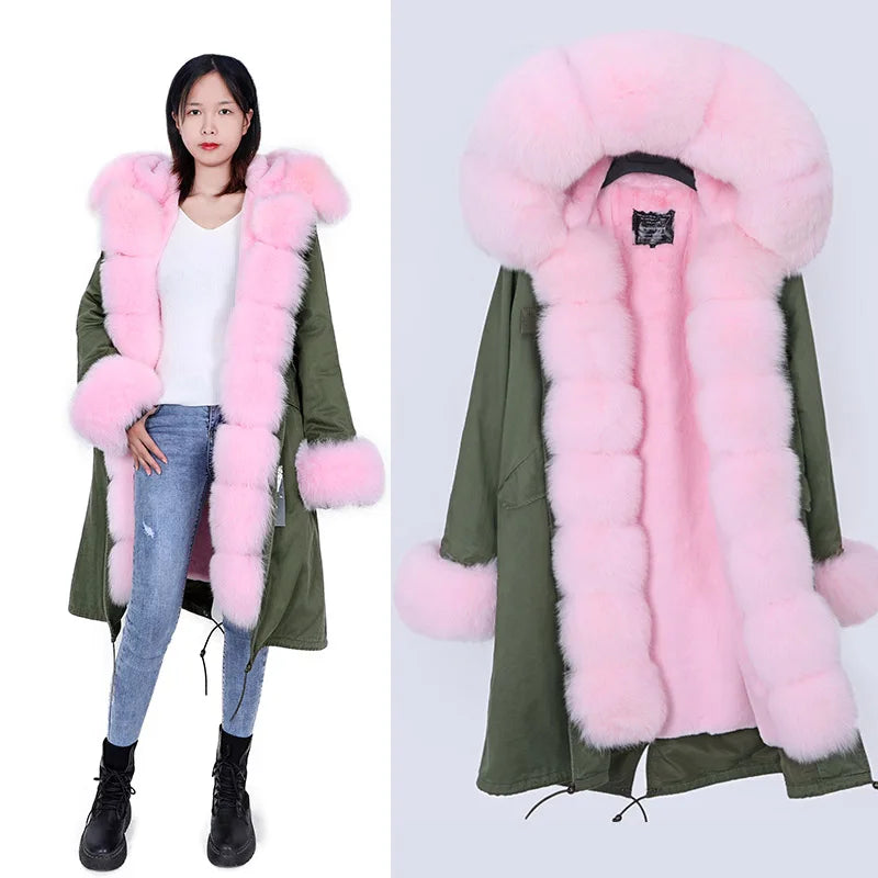Maomaokong Winter Woman Natural Fur Overcoat Plus Size Black Parkas Raccoon Real Fur Lining Extra Larg Warm Jacket Coats Long