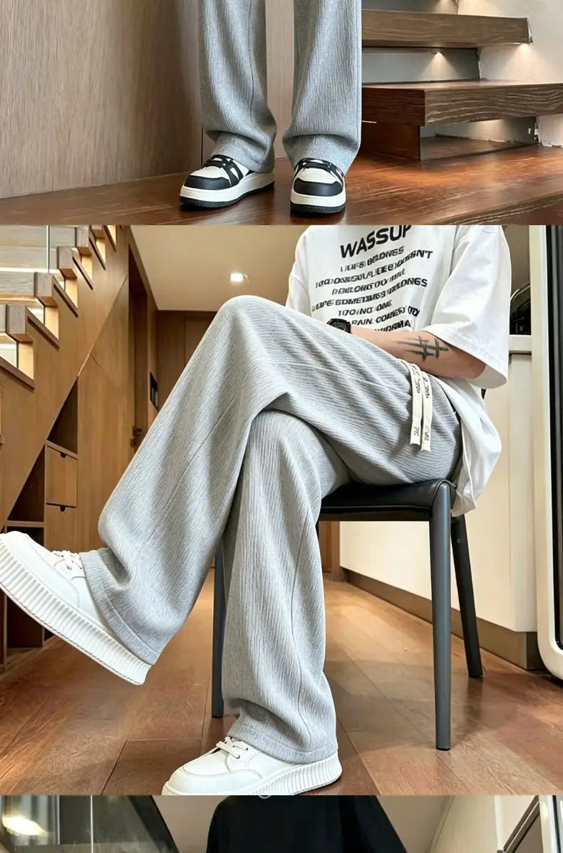 New Mens Wide Leg Pants Summer Loose Textured Casual Trousers Baggy Straight Relaxed Fit Streetwear Comfortable Pants
