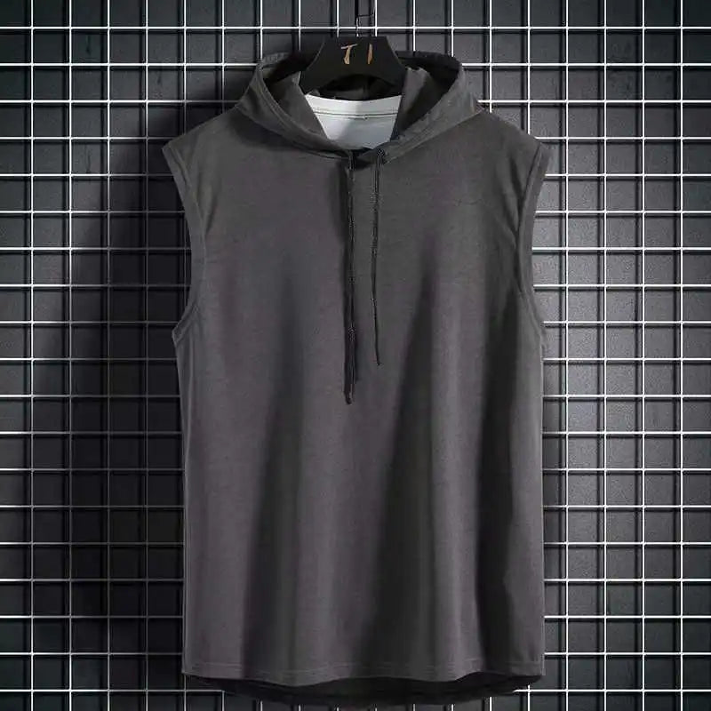 Summer men's sleeveless hooded vest, casual style solid color versatile T-shirt