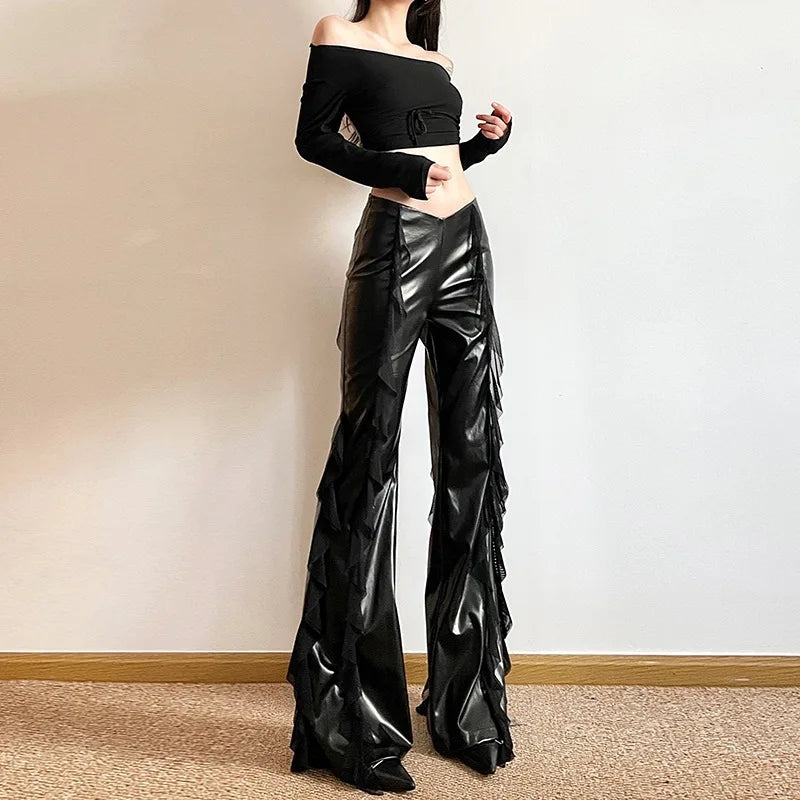 Punk Style PU Leather Pants Gothic Black Lace-paneled Trouser Sexy High-waisted Slim Flared Pants 2026 Summer Women's Clothing
