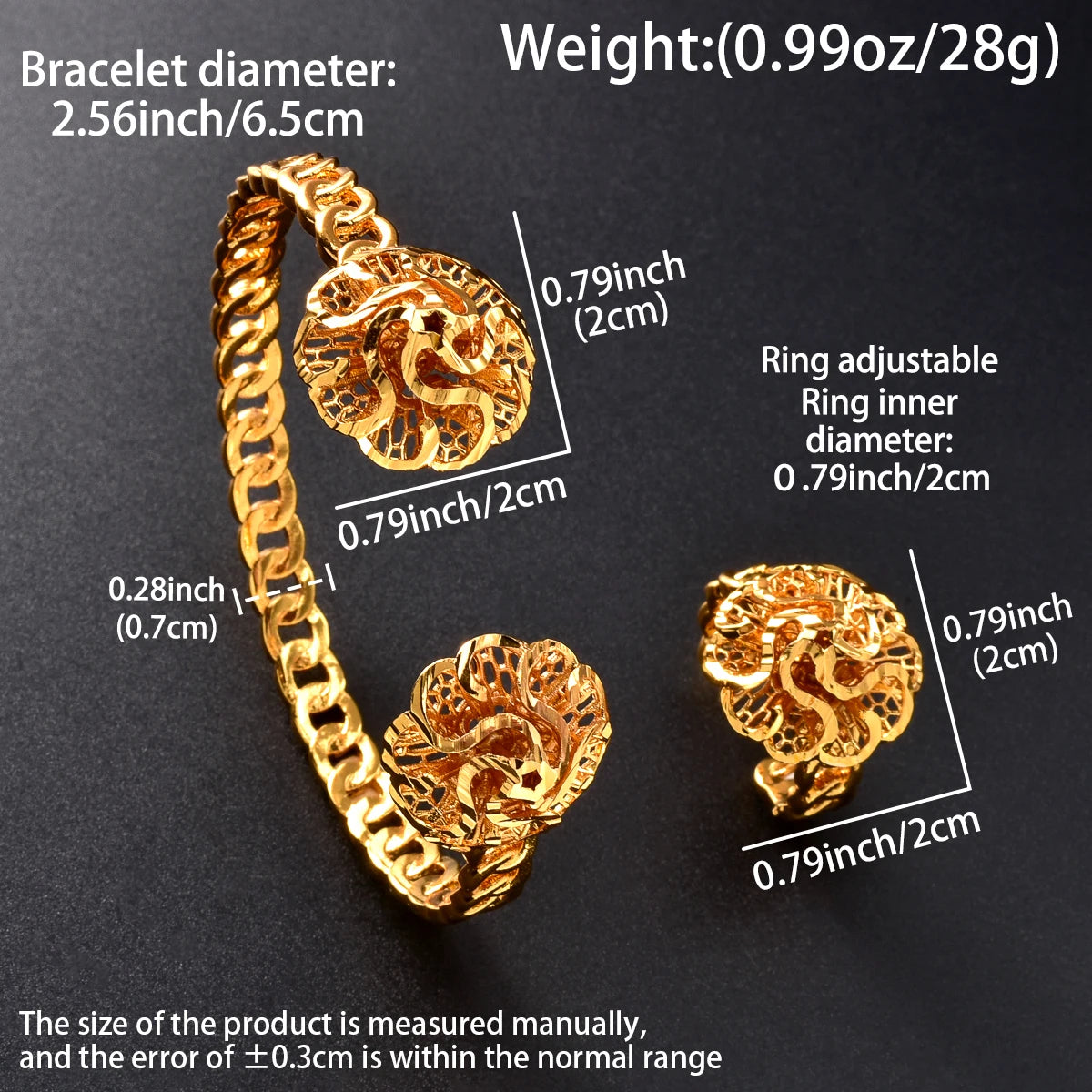 African Gold Plated Floral Cuff Bangle  Ring Set for Women Arabic Pattern Daily Jewelry Gift