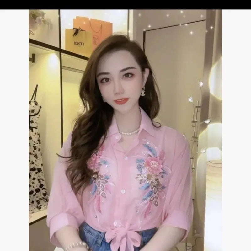 2024 Summer New Office Lady Temperament Sequined Bead Embroidered 3D Flower Chiffon Sun Protetion Casual Half-sleeved Shirt
