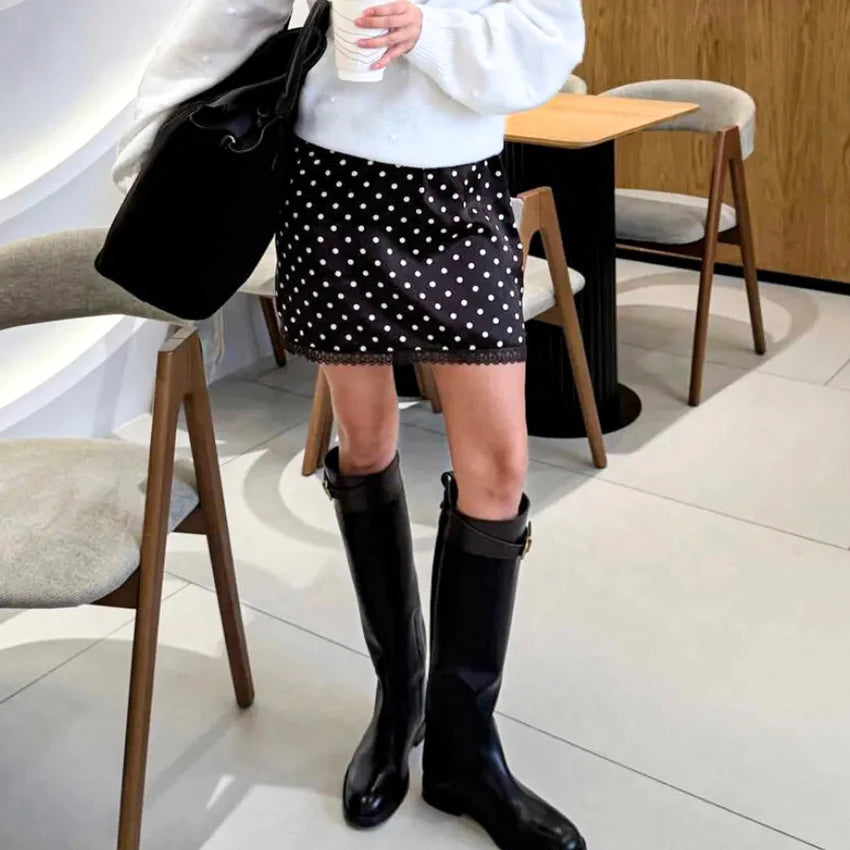 Linad Street Chic Polka Dot Lace Skirts Spriing Vintage Satin Mini Skirt 2026 Fashion High Waist A Line Short Skirts For Woman
