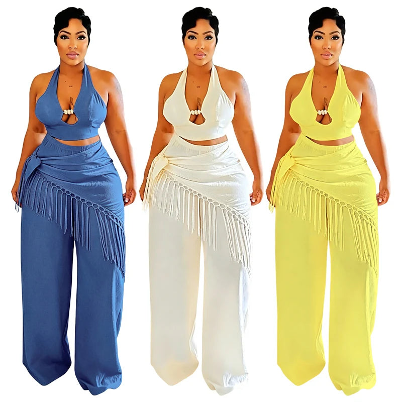 Sexy Two Piece Sets Woman Festival Outfit Birthday Club Party Bandage Halter Backless Crop Top and Tassel Pants Matching Sets