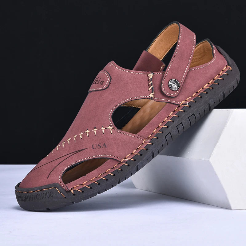 New Handmade Summer Sandals Men Breathable Leather Shoes Man Outdoor Men Sandals Antiskid Beach Sandals Hollow Shoes Footwear