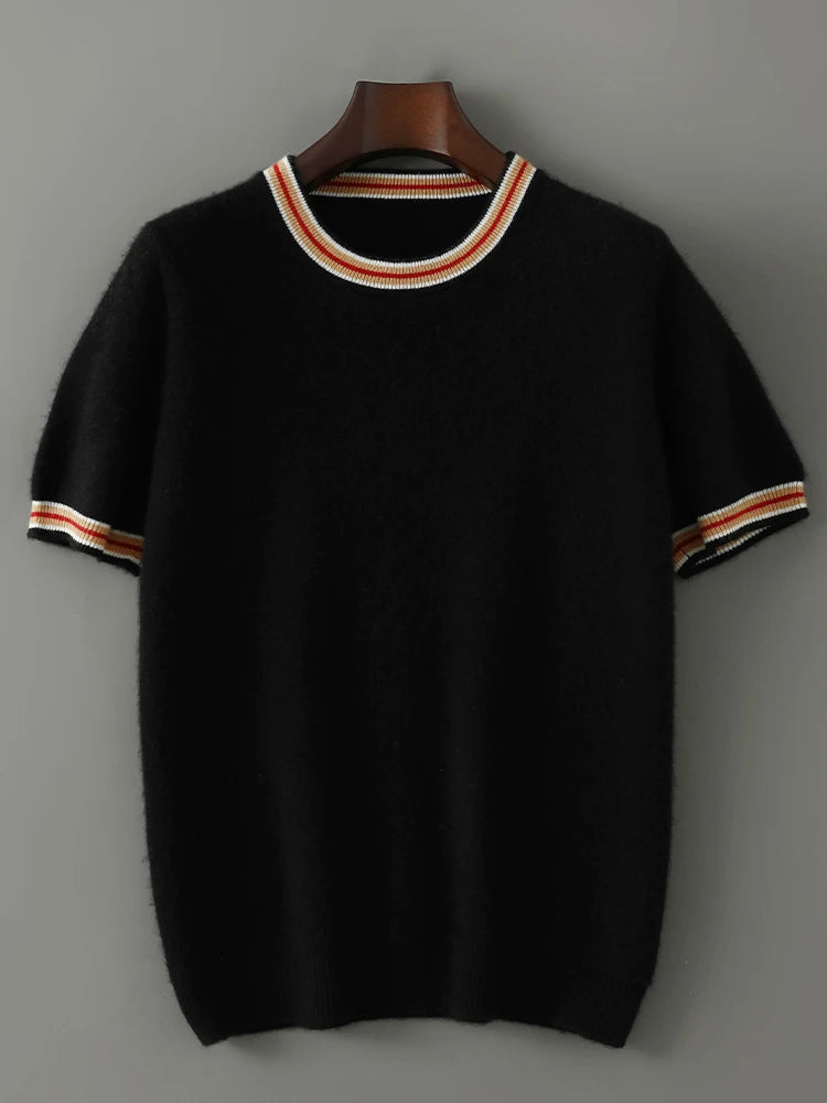 2026 Summer New Fashion O-Neck 100% Wool Knit Short Sleeve Spliced Business Casual T-Shirts Men's Clothing Loose England Tees
