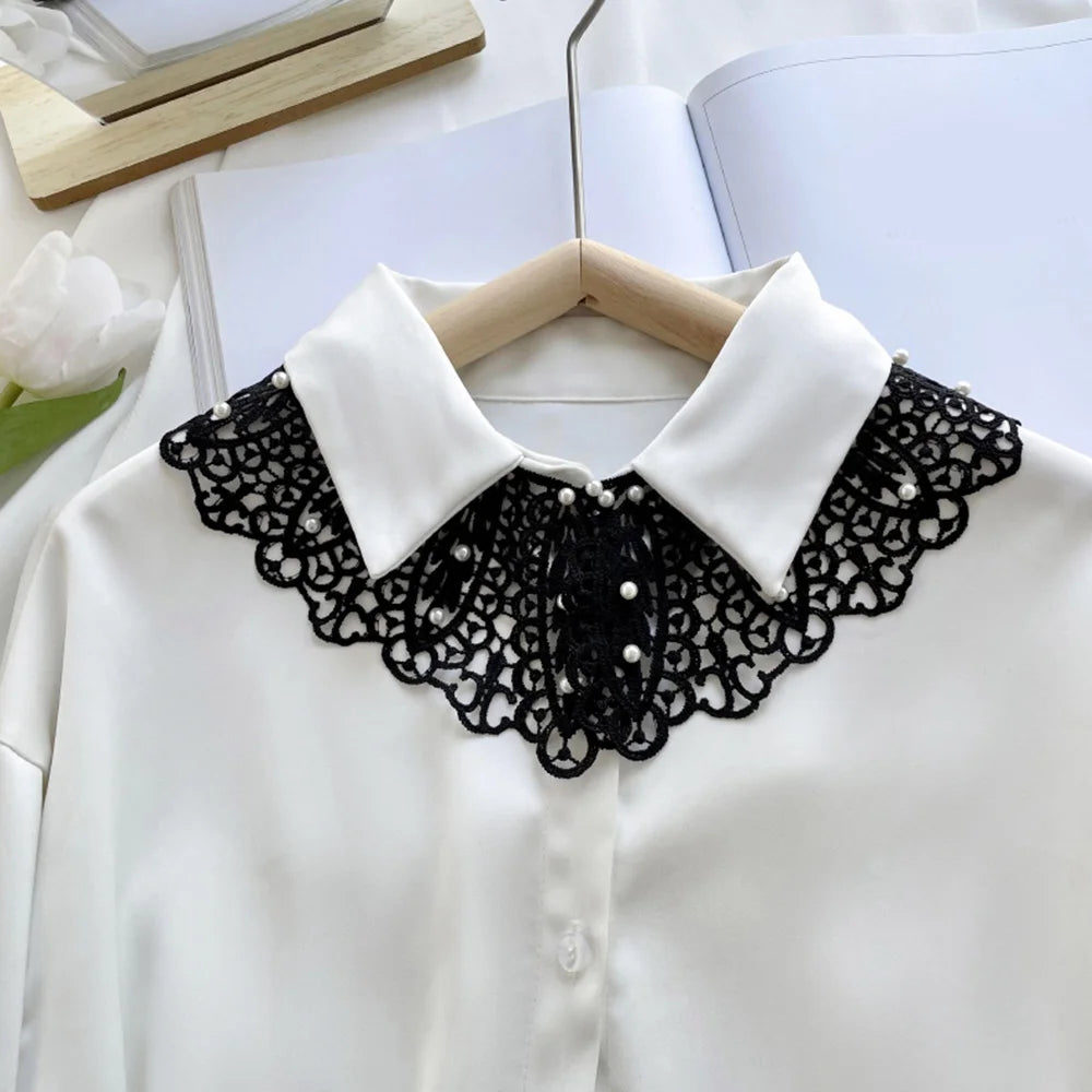 Pearl Hollow Fake Collar Ladies Embroidered False Collar Shawl Wrap Removable Neck Ties Shawl Detachable Shirt Clothes Accessory BAZAARHUBO