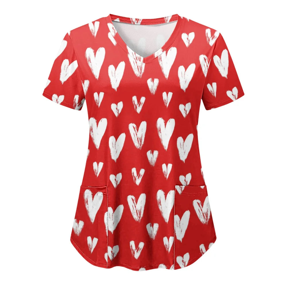 Tops Women Scrub Nurse Print Short Sleeve Cartoon V-Neck Tops Working T-Shirts Heart Print Healthcare Tunic Carers Workwear Tops