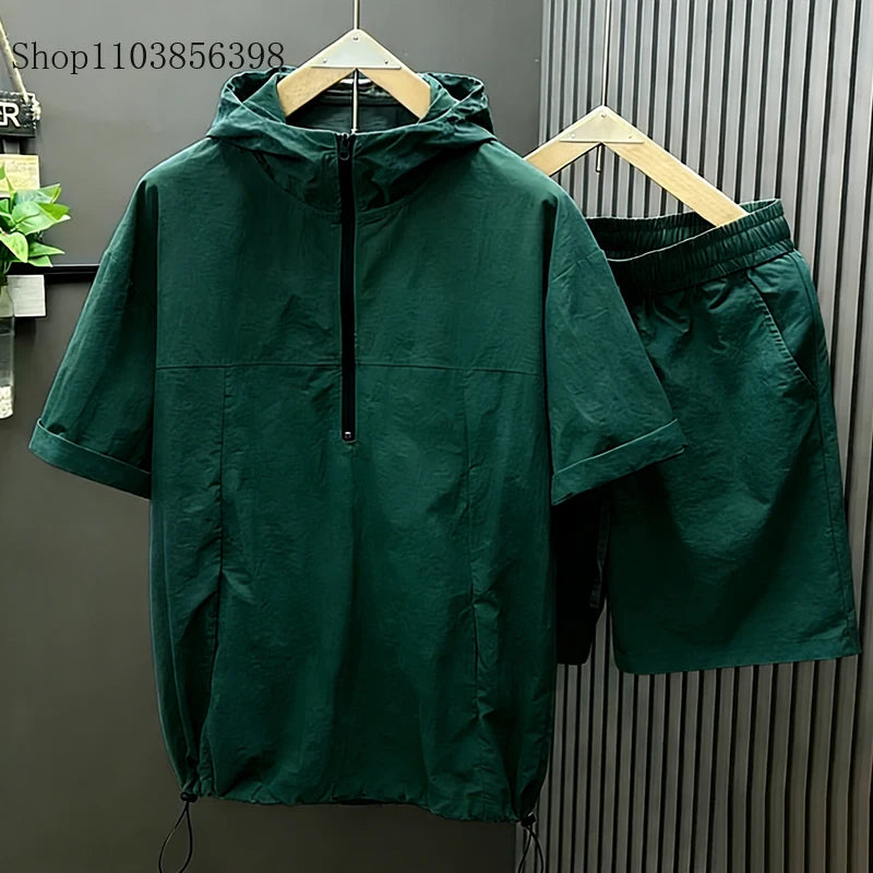 Casual Hooded Suit Mens Summer Workwear Thin Loose Fashion Couple Short Sleeve Waistcoat Shorts 2 Piece Set Male Cargo Tracksuit