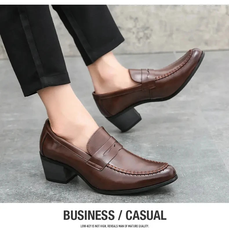 Men Retro Dress Shoes Black Brown Medium High Heels European and American Business Banquet Cuban Leather Shoes Size 38-45
