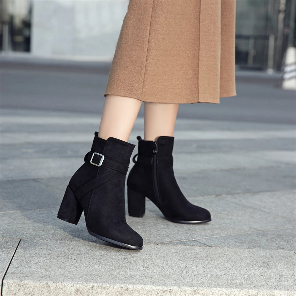 Women High Heels Ankle Boots 2025 Round Toe Elegant Short Booties Ladies Ankle Boots Buckle Decoration Black Blue Autumn Winter